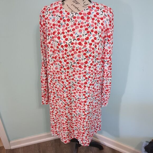 Ann Taylor Loft Cherry Print Shift Swing Dress medium Long Balloon Sleeve - Picture 1 of 5